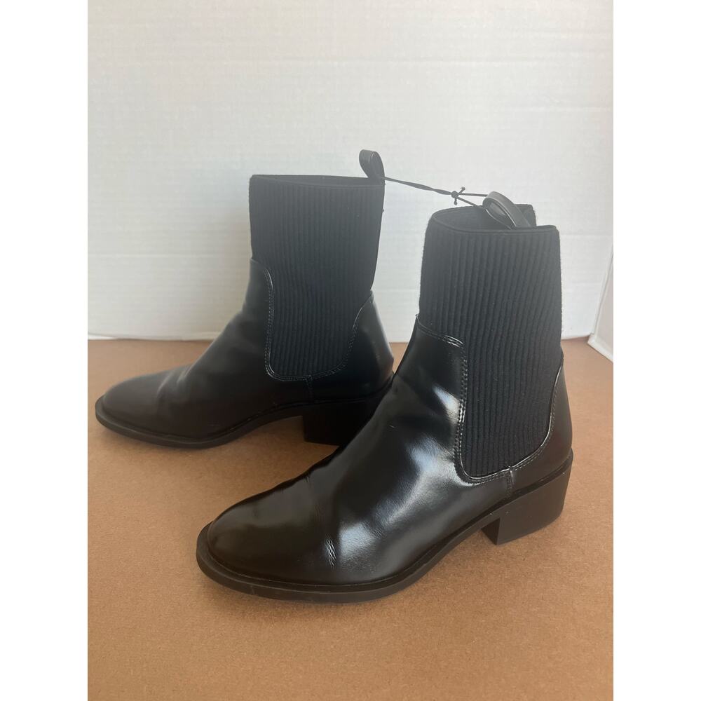 Zara Chelsea Sock Boots Women 7 Black NWOT Vegan Patent Leather Ankle Block Heel